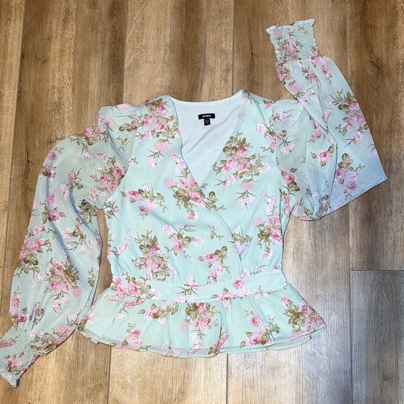 Express Tops - Express Floral V-Neck Blouse - Light Green and Pink